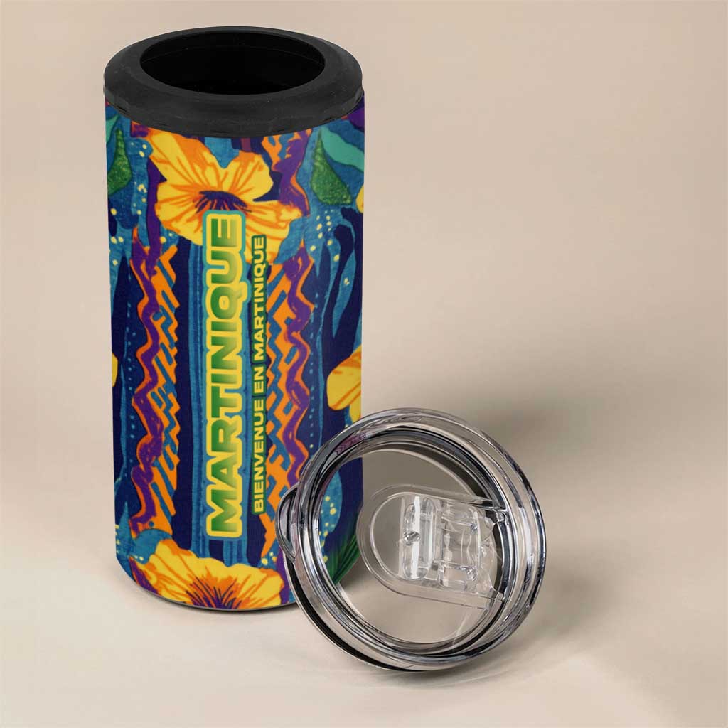 Martinique Map and Hibiscus 4 in 1 Can Cooler Tumbler Island Silhouette with Tribal Stripe Accents