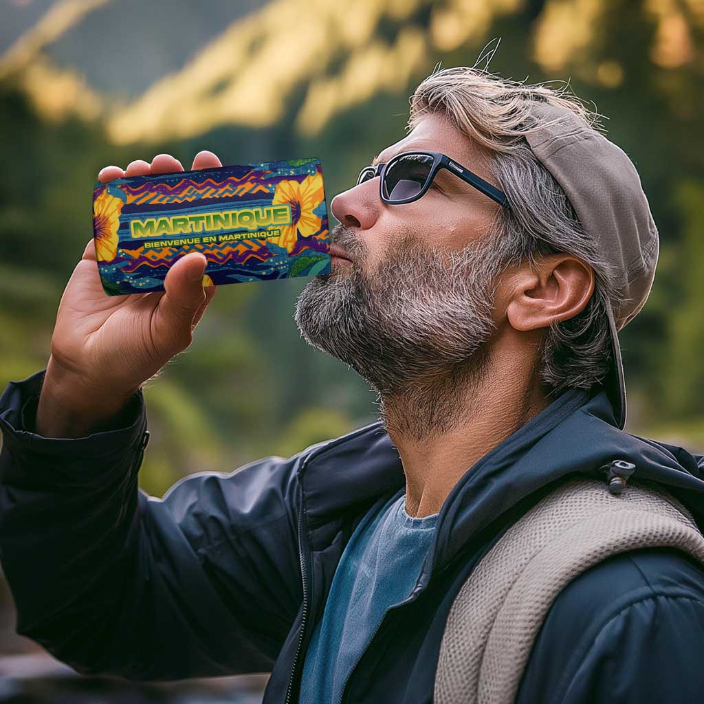 Martinique Map and Hibiscus 4 in 1 Can Cooler Tumbler Island Silhouette with Tribal Stripe Accents