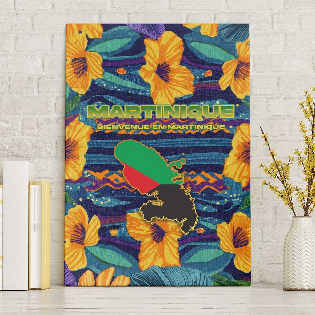 Martinique Map and Hibiscus Canvas Wall Art Island Silhouette with Tribal Stripe Accents