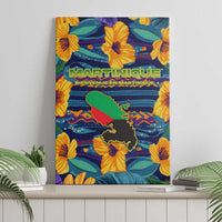 Martinique Map and Hibiscus Canvas Wall Art Island Silhouette with Tribal Stripe Accents
