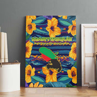 Martinique Map and Hibiscus Canvas Wall Art Island Silhouette with Tribal Stripe Accents