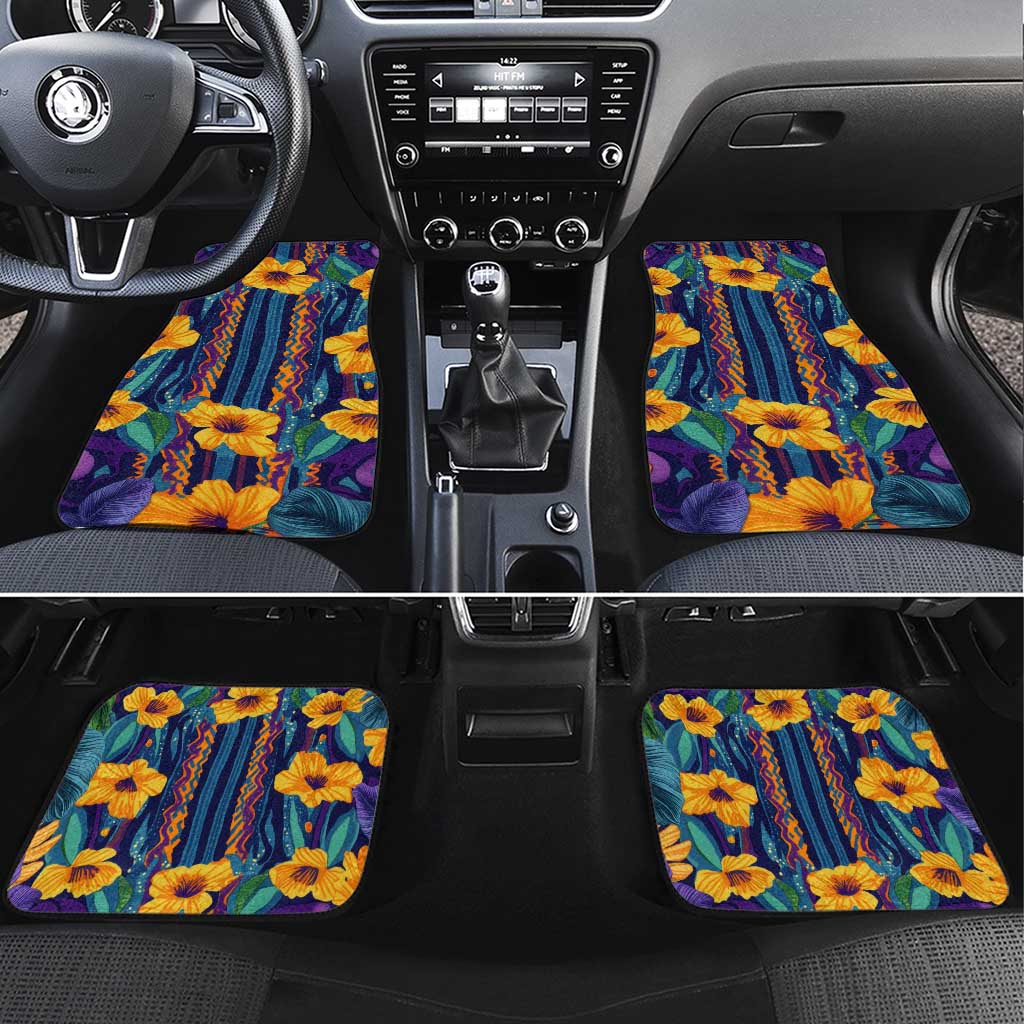 Martinique Map and Hibiscus Car Mats Island Silhouette with Tribal Stripe Accents