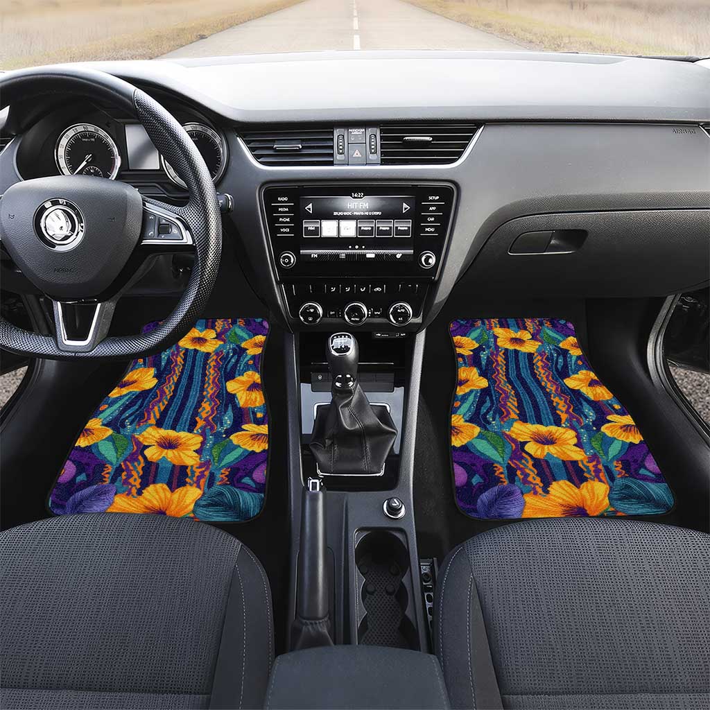 Martinique Map and Hibiscus Car Mats Island Silhouette with Tribal Stripe Accents