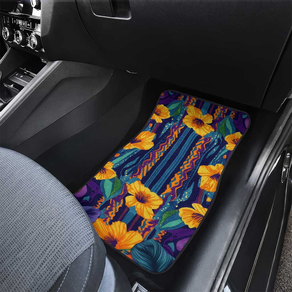 Martinique Map and Hibiscus Car Mats Island Silhouette with Tribal Stripe Accents