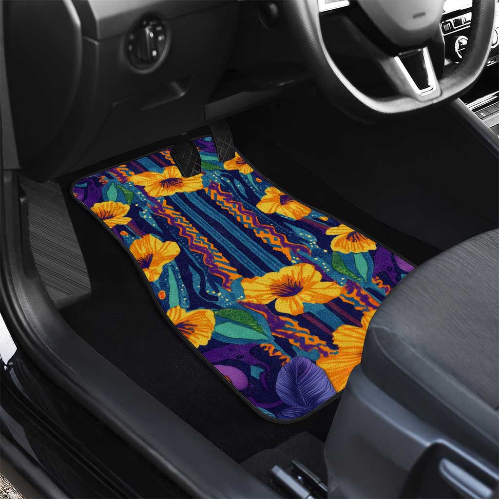 Martinique Map and Hibiscus Car Mats Island Silhouette with Tribal Stripe Accents