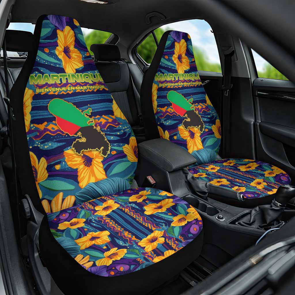 Martinique Map and Hibiscus Car Seat Cover Island Silhouette with Tribal Stripe Accents