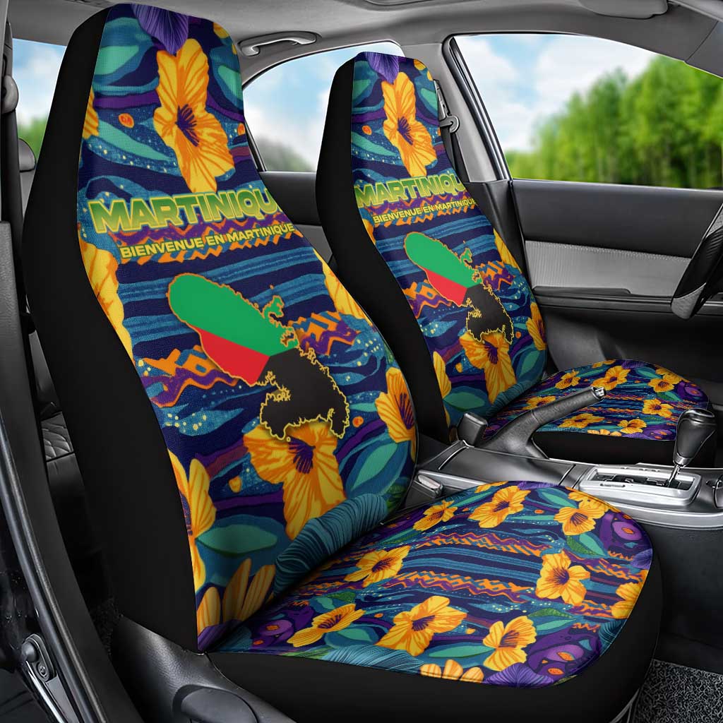 Martinique Map and Hibiscus Car Seat Cover Island Silhouette with Tribal Stripe Accents