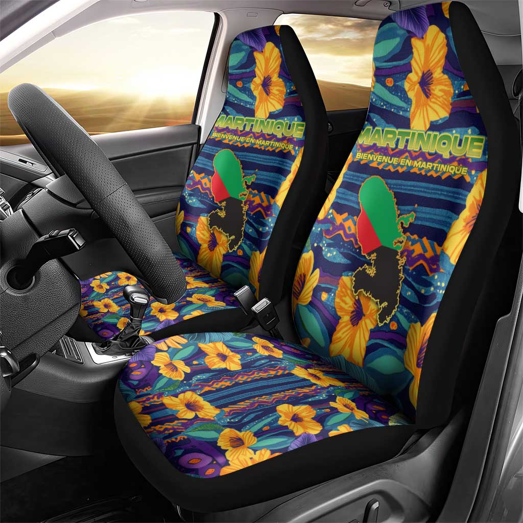 Martinique Map and Hibiscus Car Seat Cover Island Silhouette with Tribal Stripe Accents