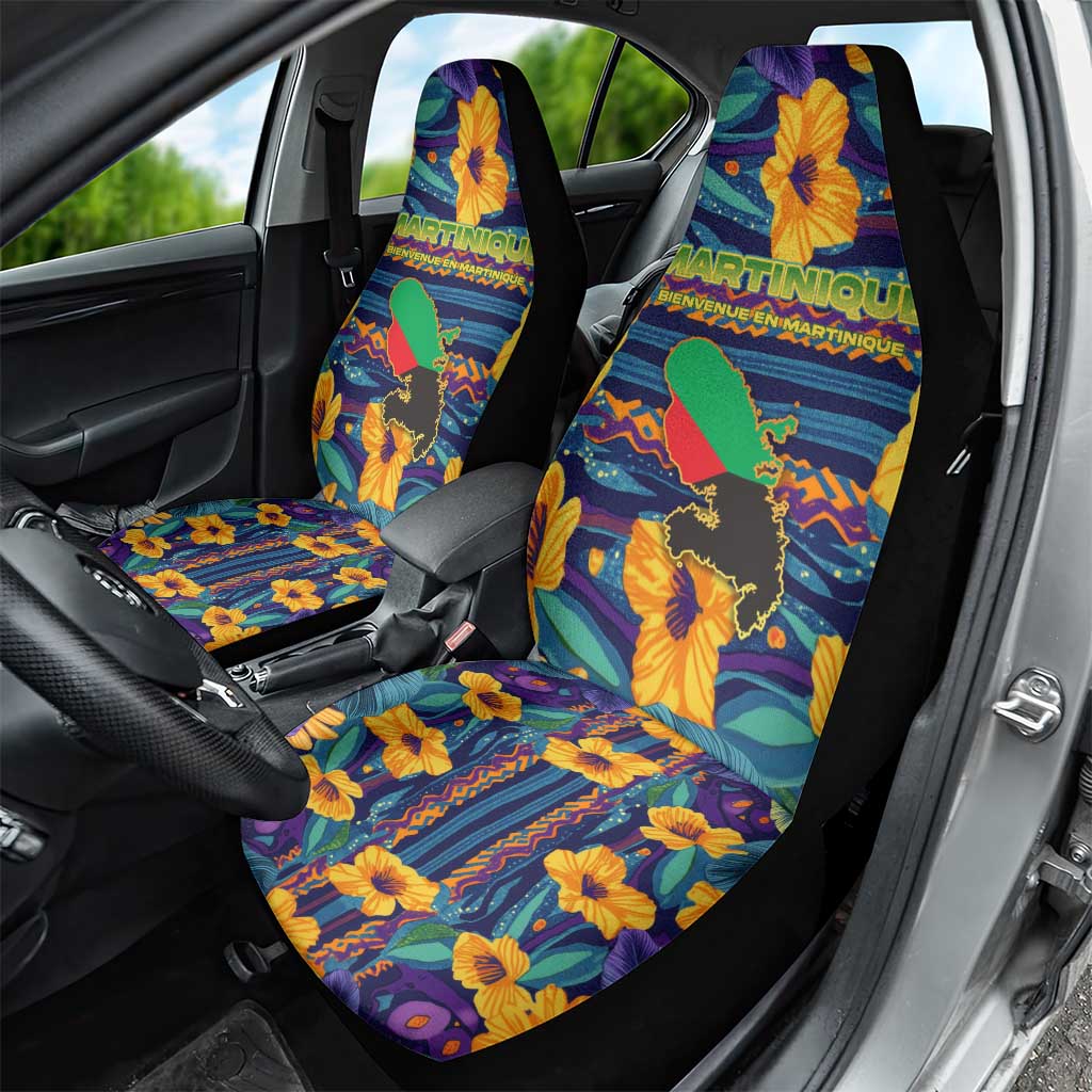 Martinique Map and Hibiscus Car Seat Cover Island Silhouette with Tribal Stripe Accents