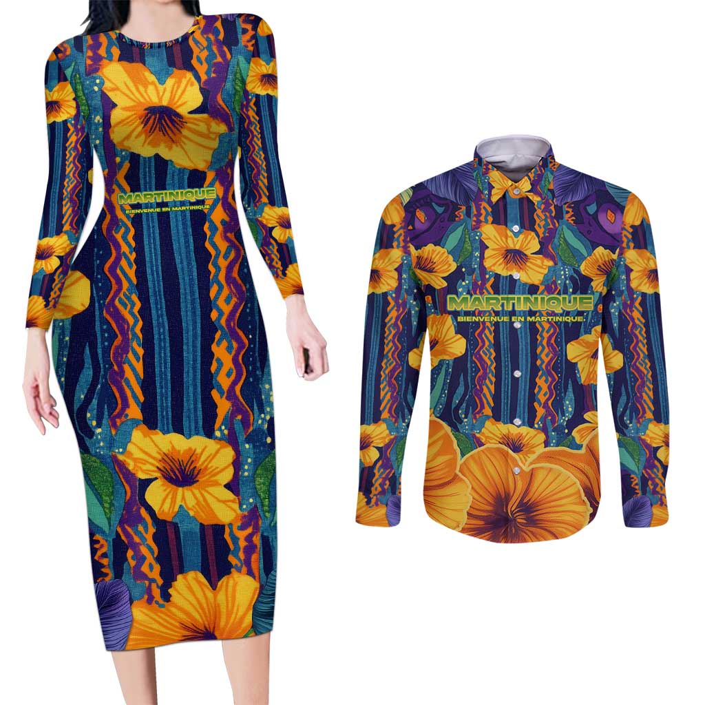 Martinique Map and Hibiscus Couples Matching Long Sleeve Bodycon Dress and Long Sleeve Button Shirt Island Silhouette with Tribal Stripe Accents