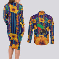 Martinique Map and Hibiscus Couples Matching Long Sleeve Bodycon Dress and Long Sleeve Button Shirt Island Silhouette with Tribal Stripe Accents