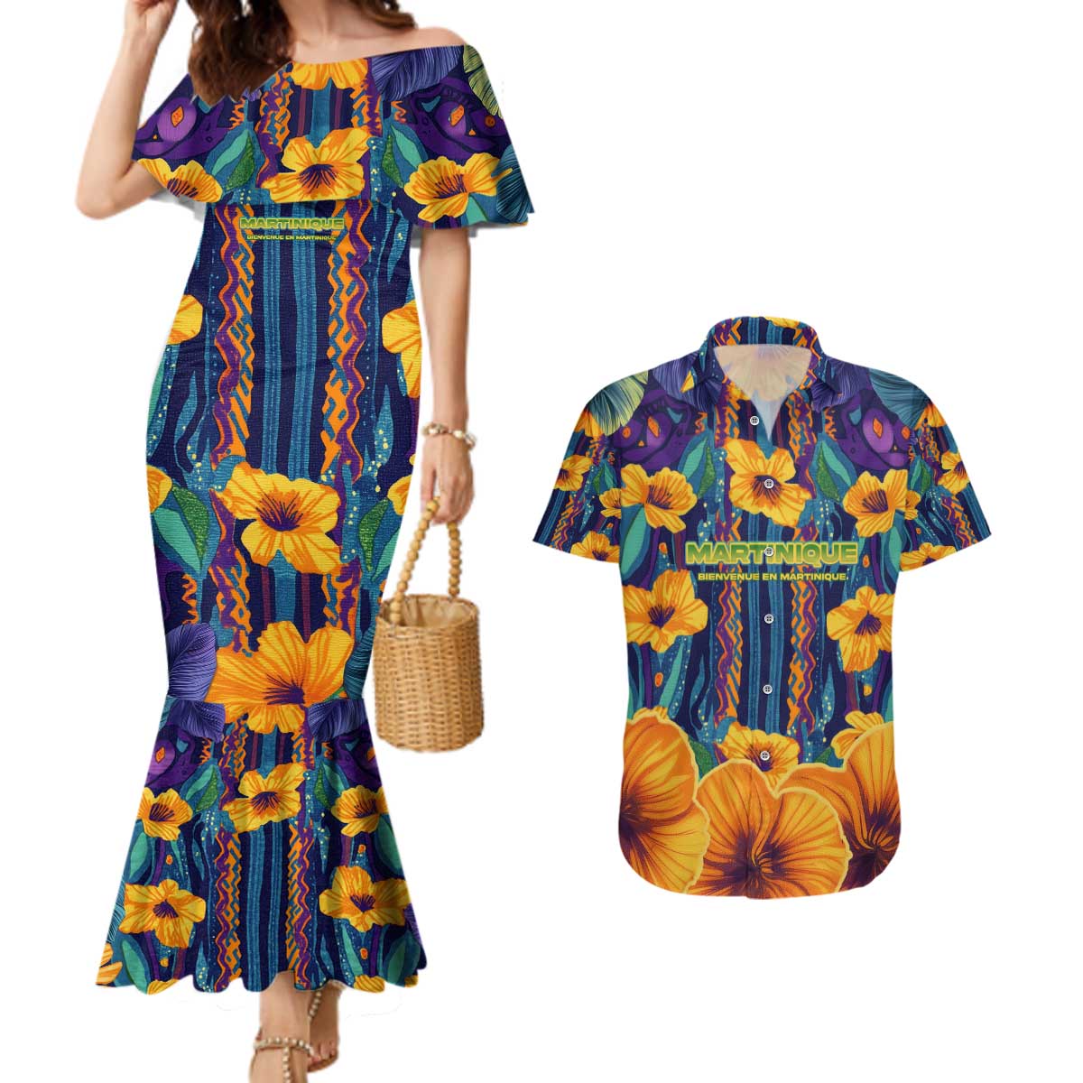 Martinique Map and Hibiscus Couples Matching Mermaid Dress and Hawaiian Shirt Island Silhouette with Tribal Stripe Accents