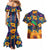 Martinique Map and Hibiscus Couples Matching Mermaid Dress and Hawaiian Shirt Island Silhouette with Tribal Stripe Accents