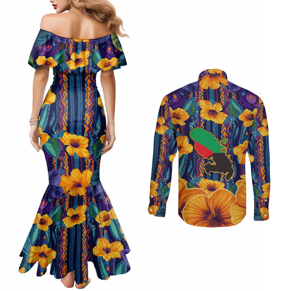 Martinique Map and Hibiscus Couples Matching Mermaid Dress and Long Sleeve Button Shirt Island Silhouette with Tribal Stripe Accents
