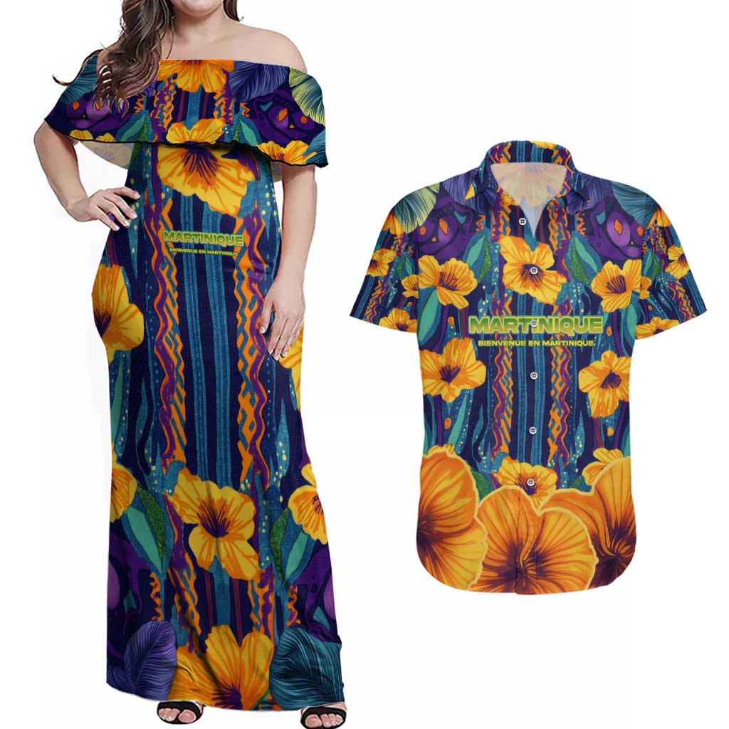 Martinique Map and Hibiscus Couples Matching Off Shoulder Maxi Dress and Hawaiian Shirt Island Silhouette with Tribal Stripe Accents
