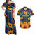 Martinique Map and Hibiscus Couples Matching Off Shoulder Maxi Dress and Hawaiian Shirt Island Silhouette with Tribal Stripe Accents