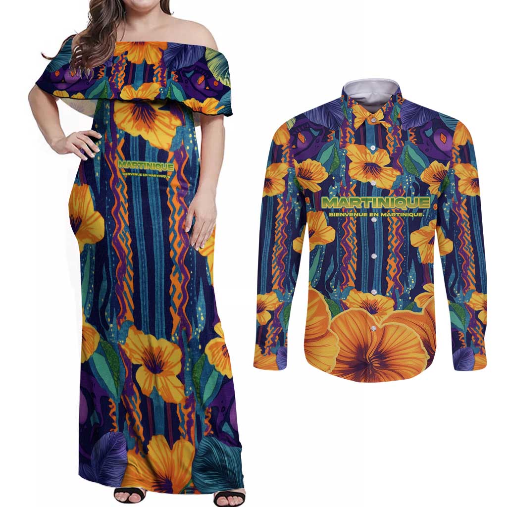 Martinique Map and Hibiscus Couples Matching Off Shoulder Maxi Dress and Long Sleeve Button Shirt Island Silhouette with Tribal Stripe Accents