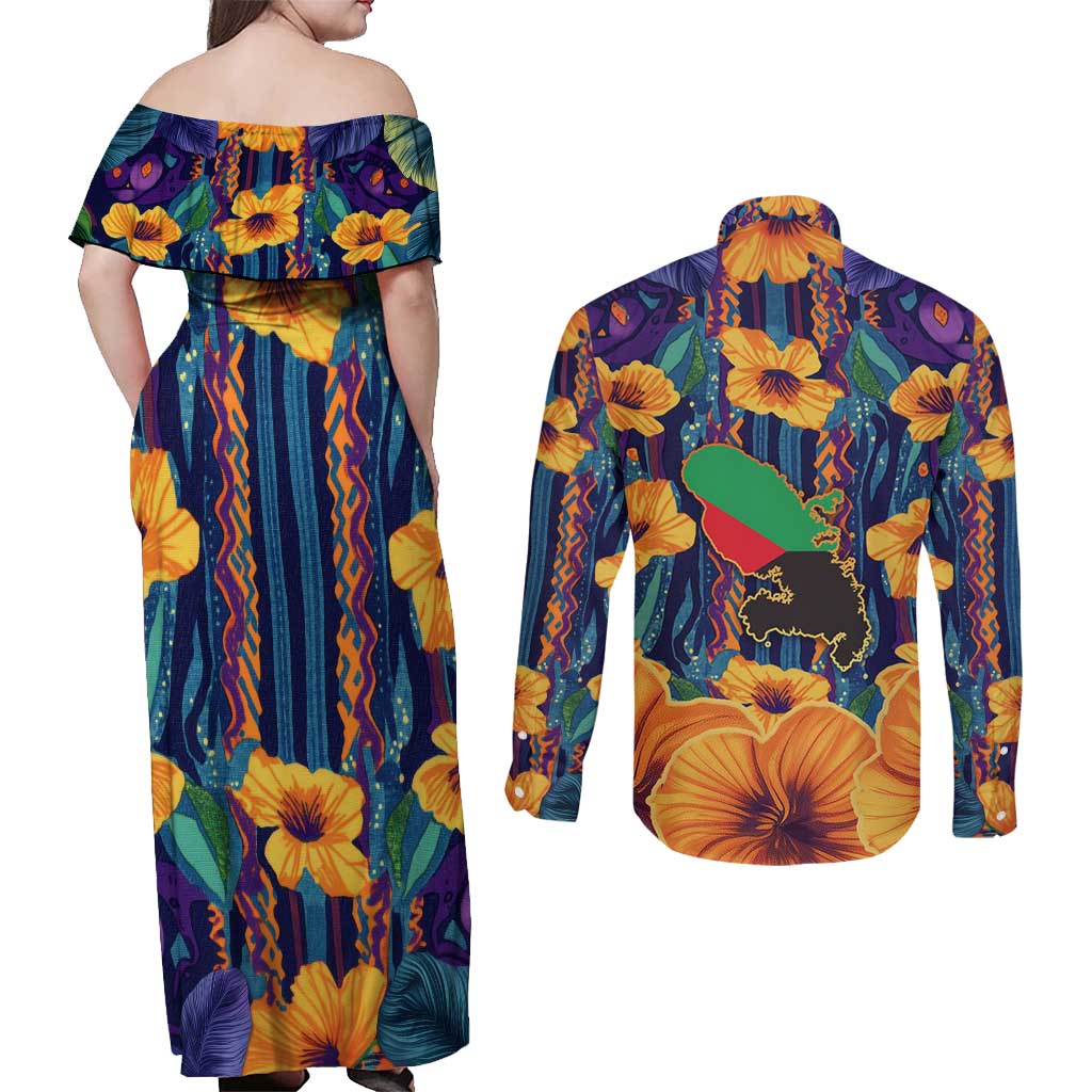 Martinique Map and Hibiscus Couples Matching Off Shoulder Maxi Dress and Long Sleeve Button Shirt Island Silhouette with Tribal Stripe Accents