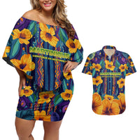 Martinique Map and Hibiscus Couples Matching Off Shoulder Short Dress and Hawaiian Shirt Island Silhouette with Tribal Stripe Accents