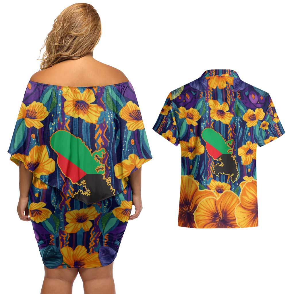 Martinique Map and Hibiscus Couples Matching Off Shoulder Short Dress and Hawaiian Shirt Island Silhouette with Tribal Stripe Accents