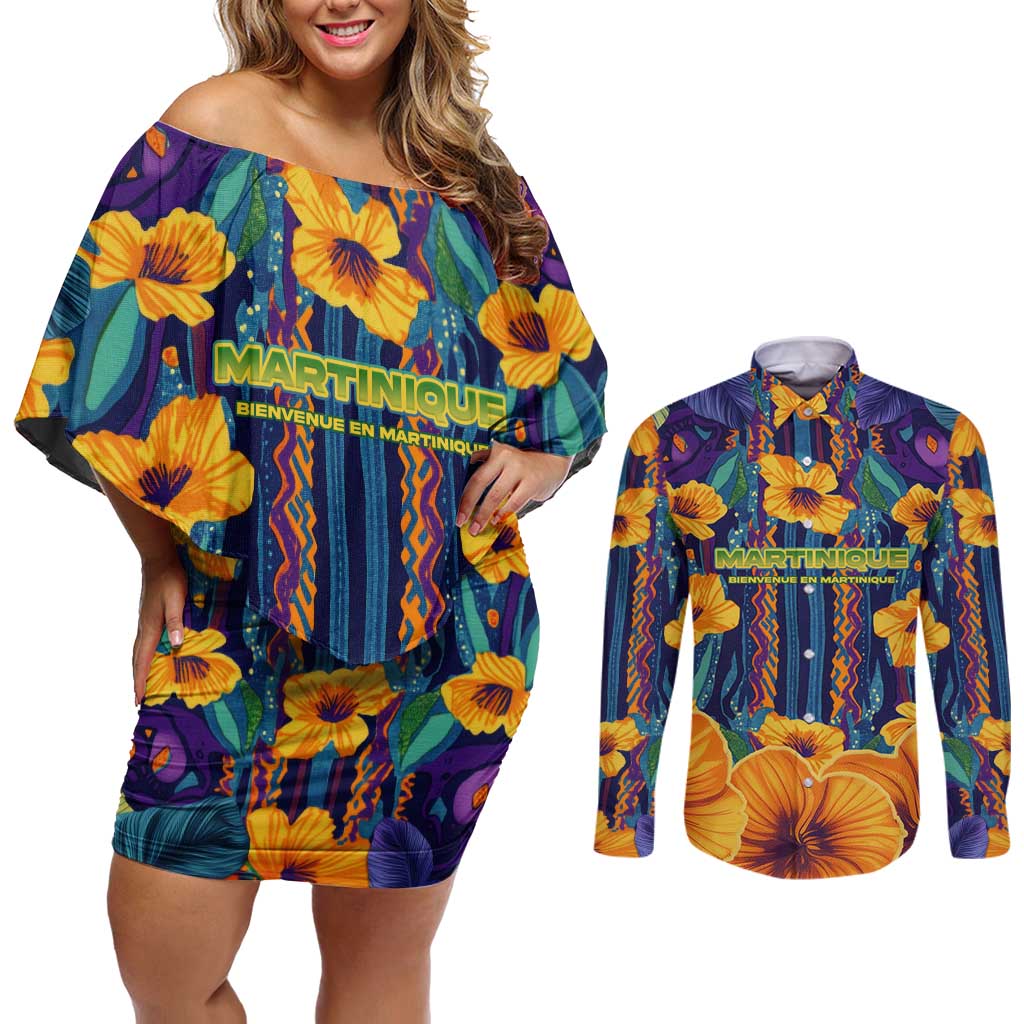 Martinique Map and Hibiscus Couples Matching Off Shoulder Short Dress and Long Sleeve Button Shirt Island Silhouette with Tribal Stripe Accents