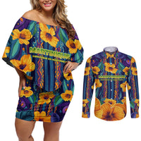 Martinique Map and Hibiscus Couples Matching Off Shoulder Short Dress and Long Sleeve Button Shirt Island Silhouette with Tribal Stripe Accents