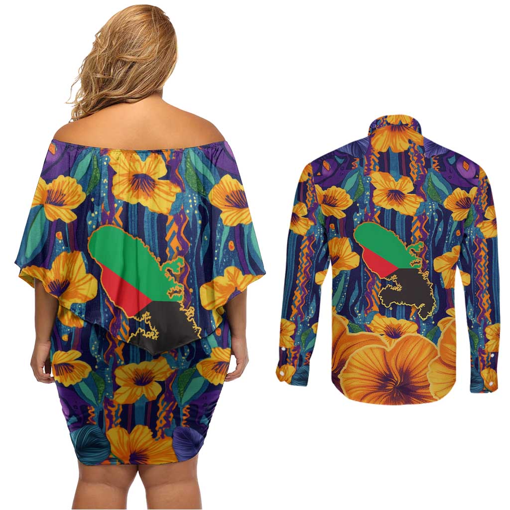 Martinique Map and Hibiscus Couples Matching Off Shoulder Short Dress and Long Sleeve Button Shirt Island Silhouette with Tribal Stripe Accents