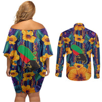 Martinique Map and Hibiscus Couples Matching Off Shoulder Short Dress and Long Sleeve Button Shirt Island Silhouette with Tribal Stripe Accents