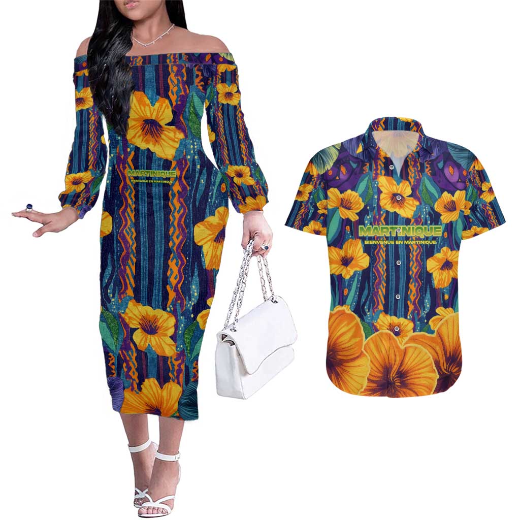Martinique Map and Hibiscus Couples Matching Off The Shoulder Long Sleeve Dress and Hawaiian Shirt Island Silhouette with Tribal Stripe Accents