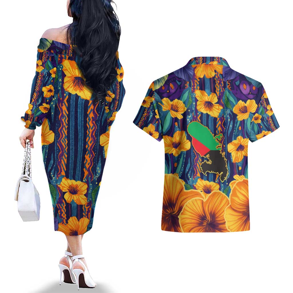 Martinique Map and Hibiscus Couples Matching Off The Shoulder Long Sleeve Dress and Hawaiian Shirt Island Silhouette with Tribal Stripe Accents
