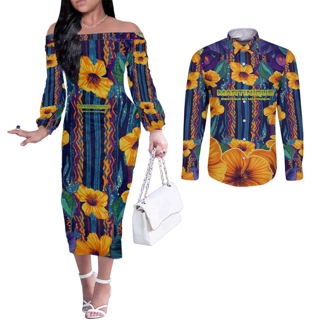 Martinique Map and Hibiscus Couples Matching Off The Shoulder Long Sleeve Dress and Long Sleeve Button Shirt Island Silhouette with Tribal Stripe Accents