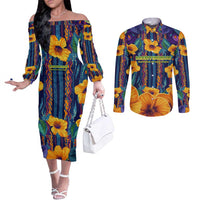 Martinique Map and Hibiscus Couples Matching Off The Shoulder Long Sleeve Dress and Long Sleeve Button Shirt Island Silhouette with Tribal Stripe Accents