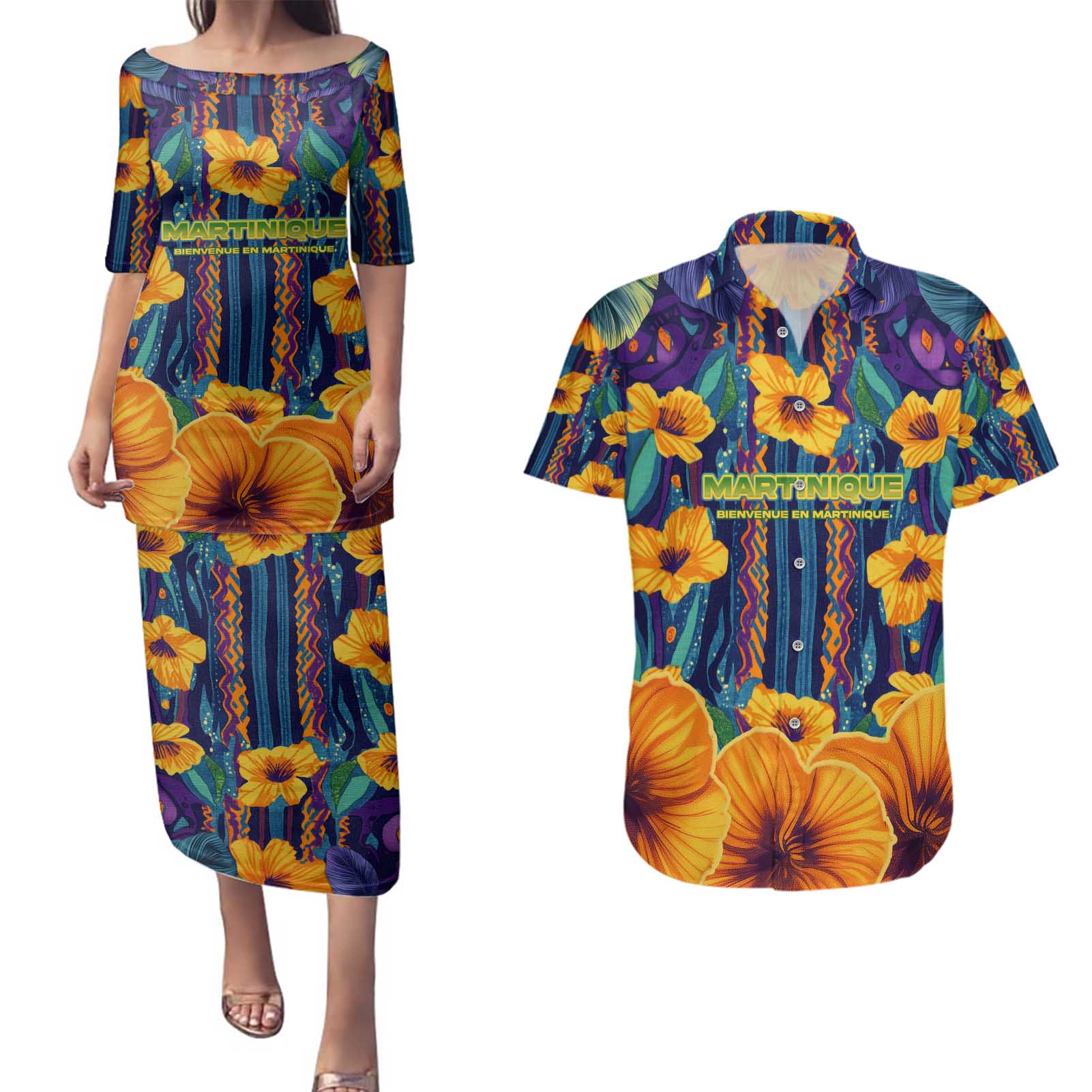 Martinique Map and Hibiscus Couples Matching Puletasi and Hawaiian Shirt Island Silhouette with Tribal Stripe Accents