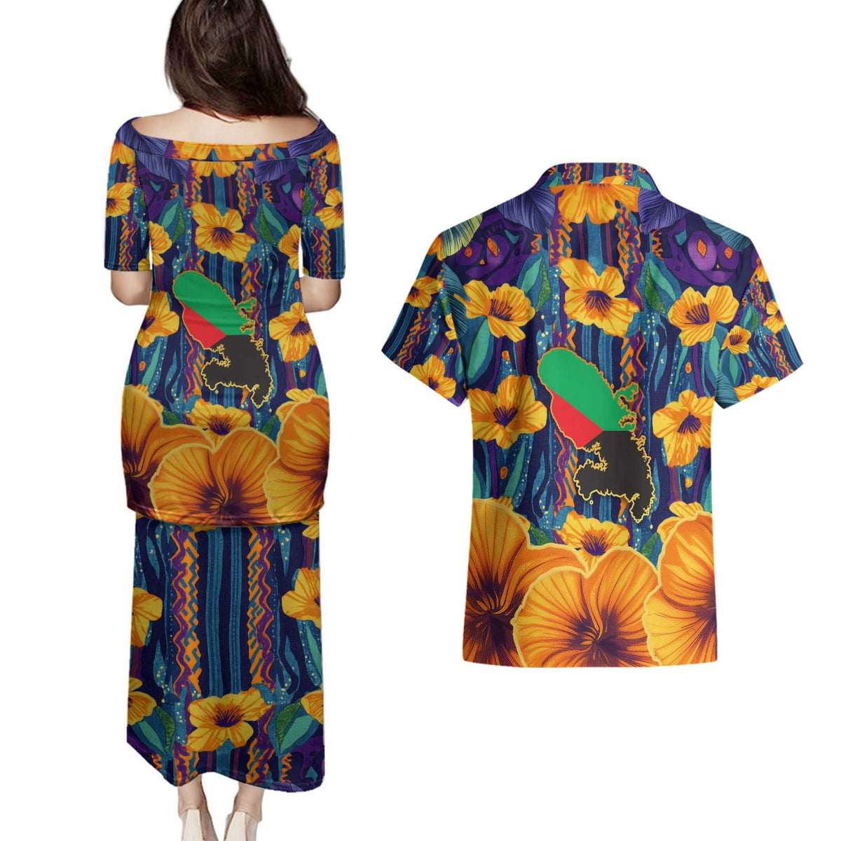 Martinique Map and Hibiscus Couples Matching Puletasi and Hawaiian Shirt Island Silhouette with Tribal Stripe Accents
