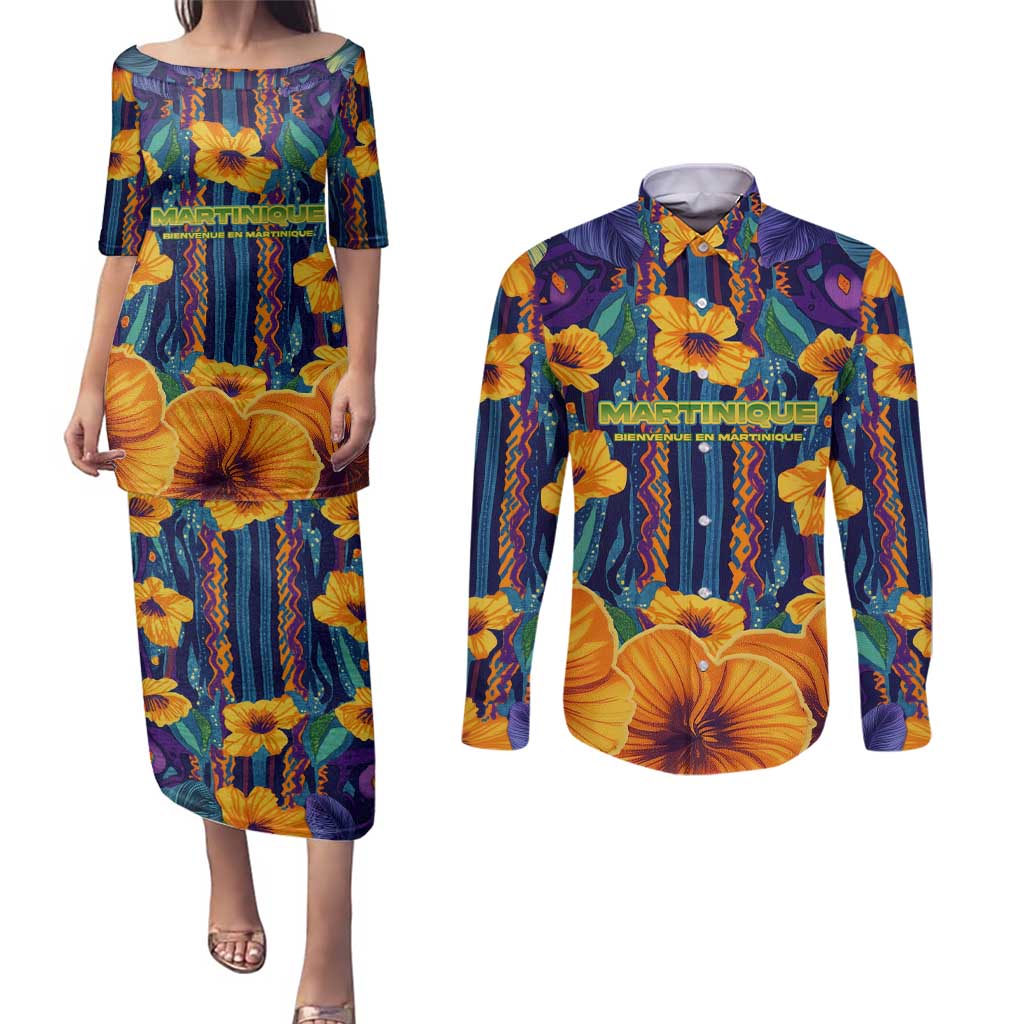 Martinique Map and Hibiscus Couples Matching Puletasi and Long Sleeve Button Shirt Island Silhouette with Tribal Stripe Accents
