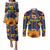 Martinique Map and Hibiscus Couples Matching Puletasi and Long Sleeve Button Shirt Island Silhouette with Tribal Stripe Accents