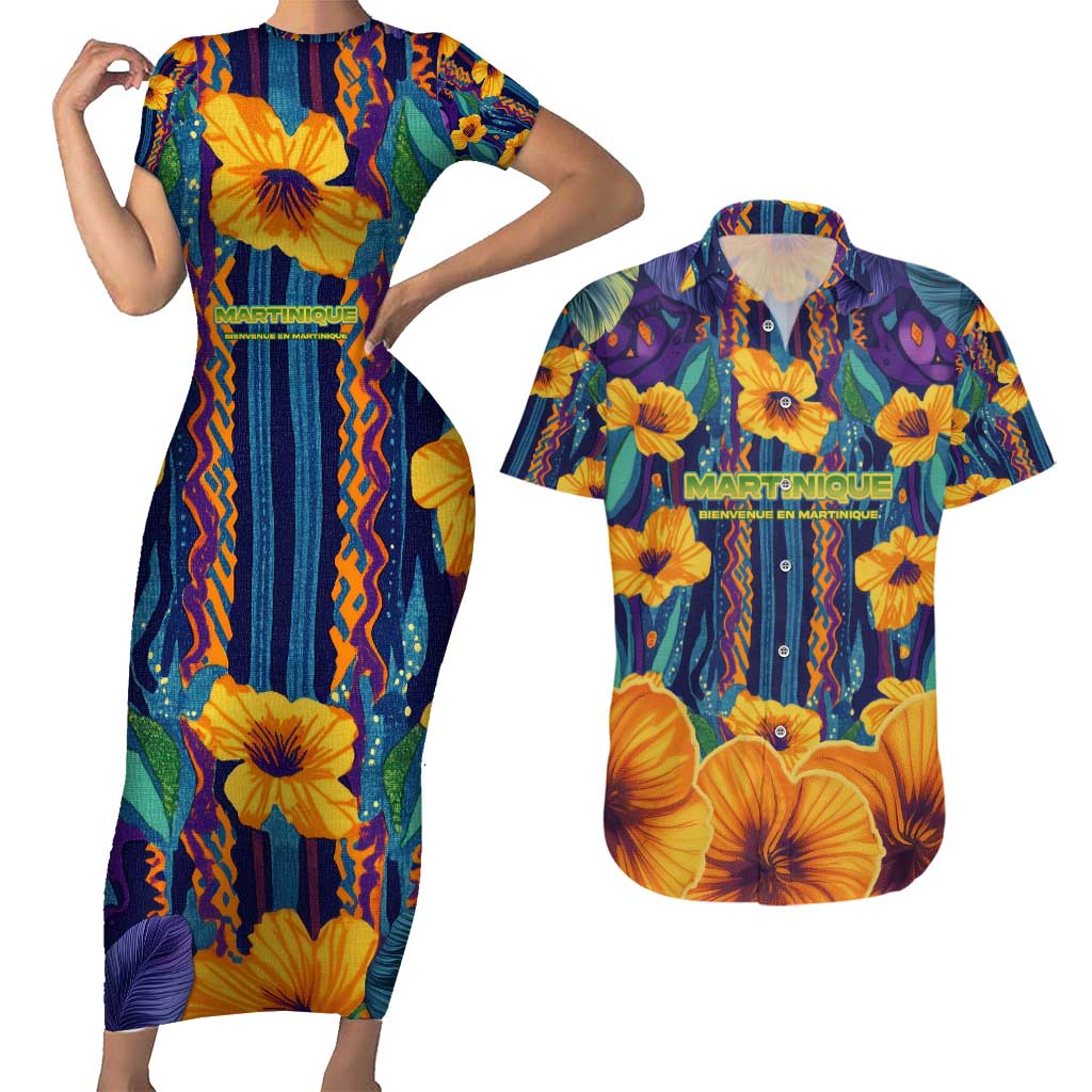 Martinique Map and Hibiscus Couples Matching Short Sleeve Bodycon Dress and Hawaiian Shirt Island Silhouette with Tribal Stripe Accents