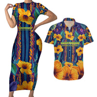 Martinique Map and Hibiscus Couples Matching Short Sleeve Bodycon Dress and Hawaiian Shirt Island Silhouette with Tribal Stripe Accents