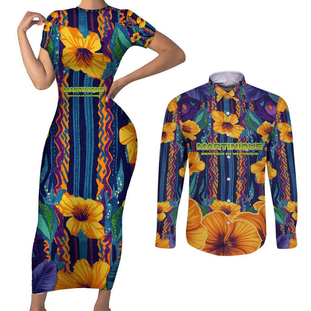 Martinique Map and Hibiscus Couples Matching Short Sleeve Bodycon Dress and Long Sleeve Button Shirt Island Silhouette with Tribal Stripe Accents