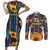 Martinique Map and Hibiscus Couples Matching Short Sleeve Bodycon Dress and Long Sleeve Button Shirt Island Silhouette with Tribal Stripe Accents
