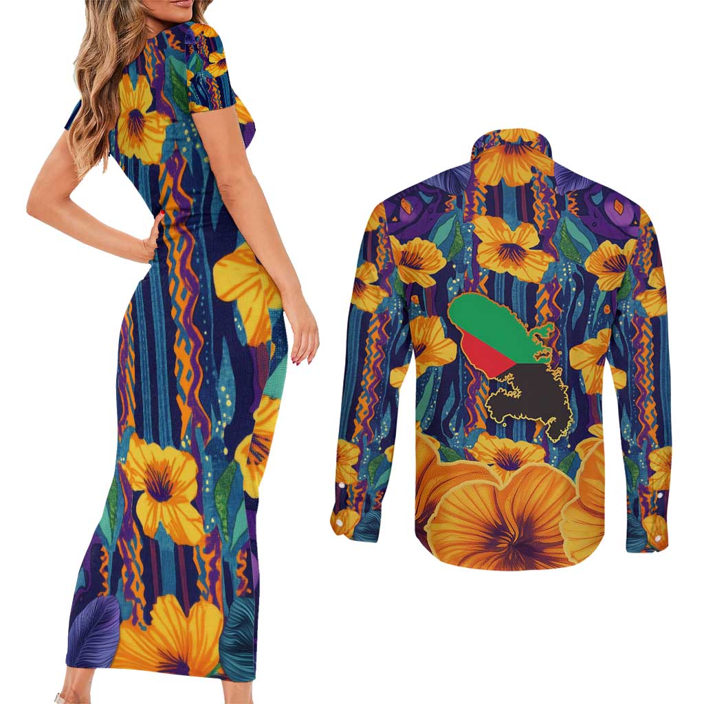 Martinique Map and Hibiscus Couples Matching Short Sleeve Bodycon Dress and Long Sleeve Button Shirt Island Silhouette with Tribal Stripe Accents