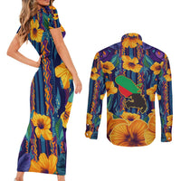 Martinique Map and Hibiscus Couples Matching Short Sleeve Bodycon Dress and Long Sleeve Button Shirt Island Silhouette with Tribal Stripe Accents