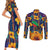 Martinique Map and Hibiscus Couples Matching Short Sleeve Bodycon Dress and Long Sleeve Button Shirt Island Silhouette with Tribal Stripe Accents
