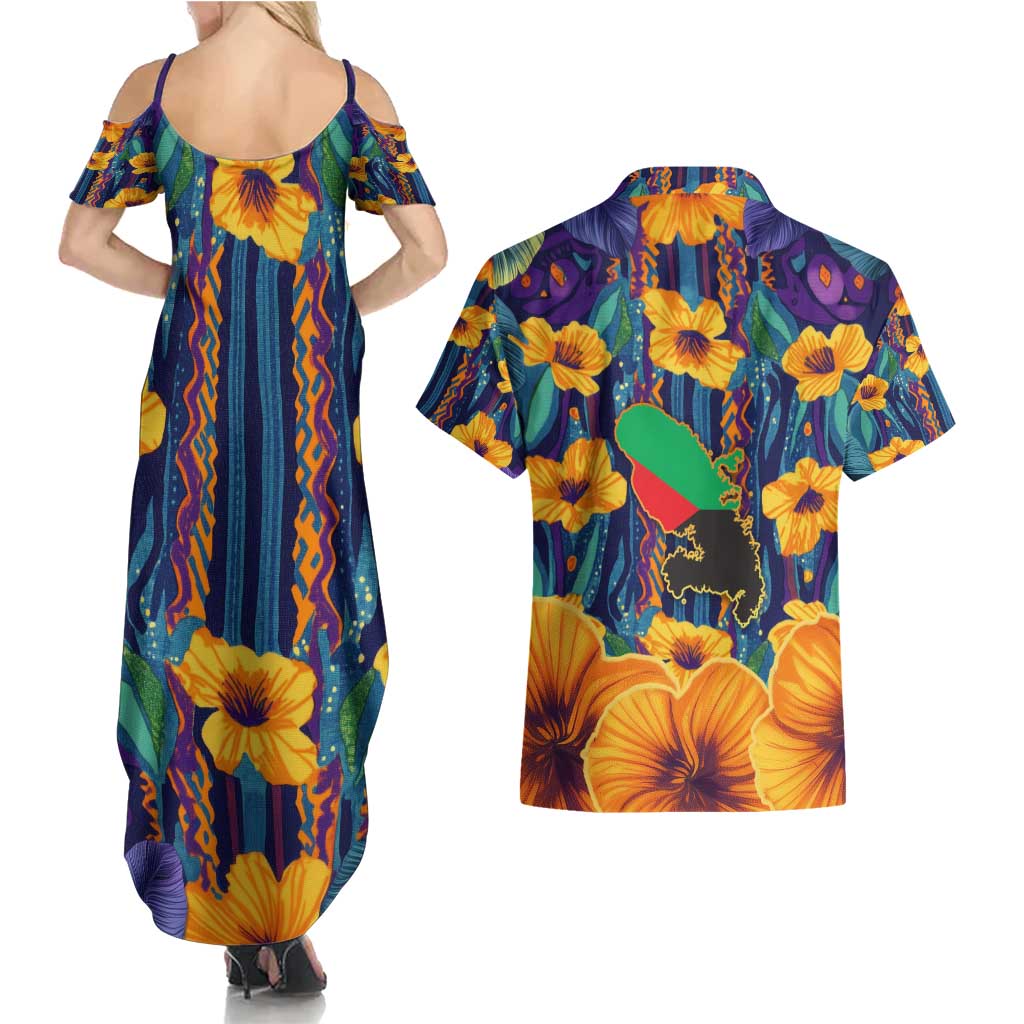 Martinique Map and Hibiscus Couples Matching Summer Maxi Dress and Hawaiian Shirt Island Silhouette with Tribal Stripe Accents