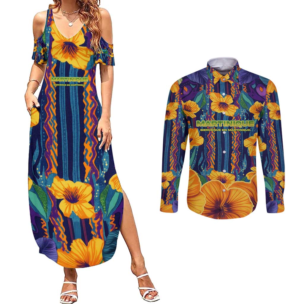 Martinique Map and Hibiscus Couples Matching Summer Maxi Dress and Long Sleeve Button Shirt Island Silhouette with Tribal Stripe Accents