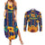 Martinique Map and Hibiscus Couples Matching Summer Maxi Dress and Long Sleeve Button Shirt Island Silhouette with Tribal Stripe Accents