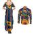 Martinique Map and Hibiscus Couples Matching Summer Maxi Dress and Long Sleeve Button Shirt Island Silhouette with Tribal Stripe Accents