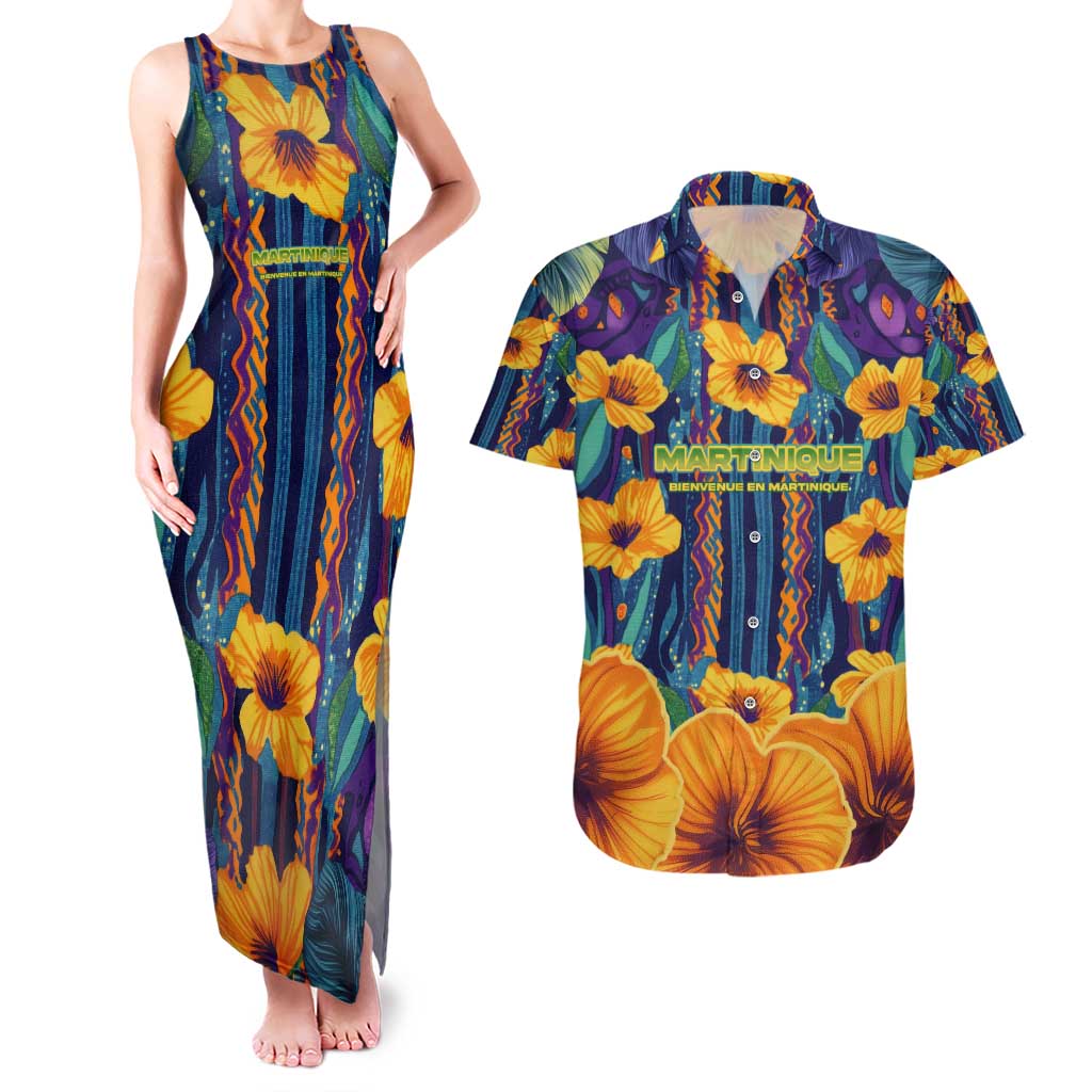 Martinique Map and Hibiscus Couples Matching Tank Maxi Dress and Hawaiian Shirt Island Silhouette with Tribal Stripe Accents