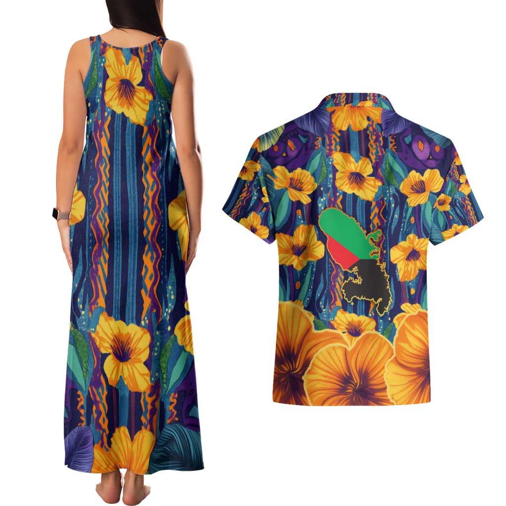 Martinique Map and Hibiscus Couples Matching Tank Maxi Dress and Hawaiian Shirt Island Silhouette with Tribal Stripe Accents