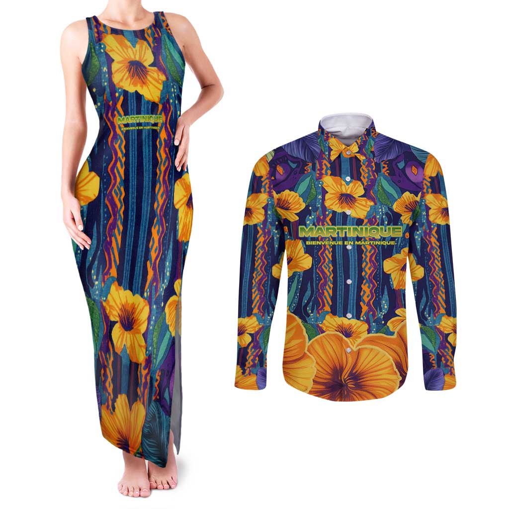 Martinique Map and Hibiscus Couples Matching Tank Maxi Dress and Long Sleeve Button Shirt Island Silhouette with Tribal Stripe Accents